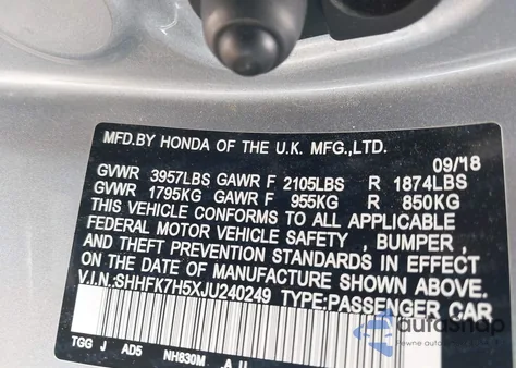 2018 Honda Civic Ex z USA, uszkodzony, nr VIN SHHFK7H5XJU240249